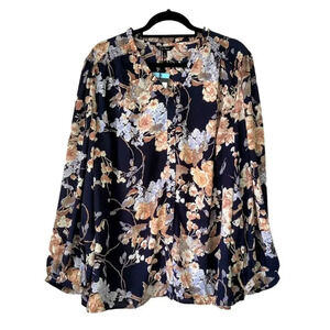 Well Worn Navy Floral Blouse Sz 3X Button Up Long Sleeve V-Neck Sheer Boho